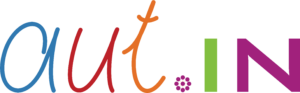 Das Logo aut.IN. Das a ist blau, das u ist rot, das t ist orange. Der Punkt ist eine stilisierte Pusteblume. Das I ist grün, das N ist dunkelrot.