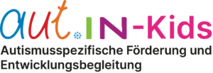Das Logo aut.IN-Kids, mit der Unterschrift: Autismusspezifische Förderung und Entwicklungsbegleitung. Das a ist blau, das u ist rot, das t ist orange. Der Punkt ist eine stilisierte Pusteblume. Das I ist grün, das N ist dunkelrot. Das -Kids ist pink.