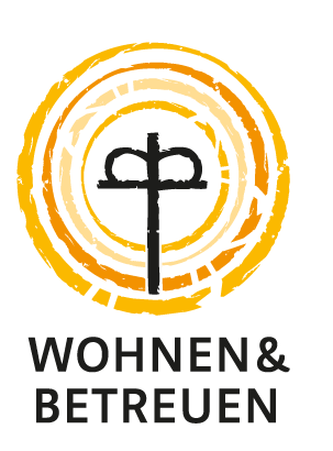 Ein gelber, ein orangefarbener, ein gelber und ein blass orangefarbener Kreis, die immer kleiner werden. Innen ein Kreuz mit zwei Bögen zwisen den oberen, kurzen Geraden. Darunter steht: Wohnen & Betreuen in schwarzer Schrift.